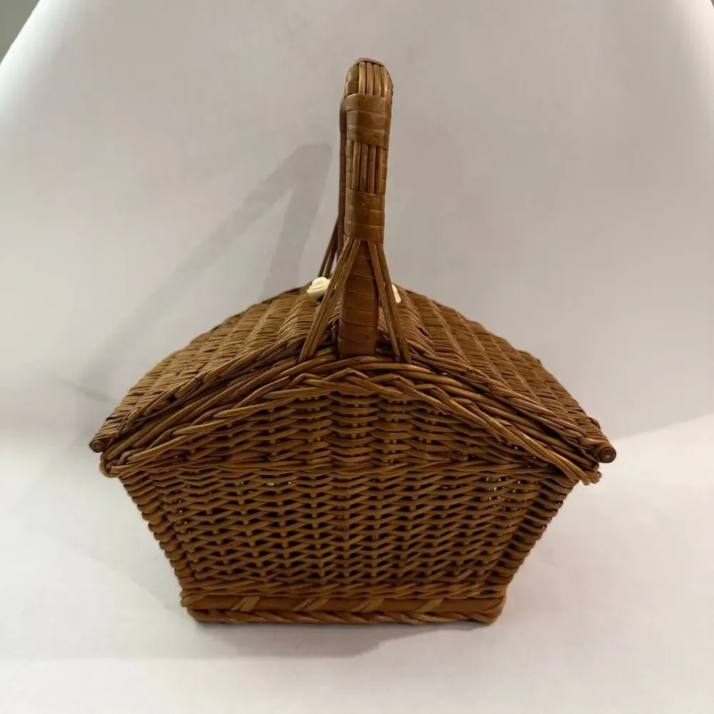 Wicker Basket Sewing Double Hinged Lid Bead Cord Tie Closure 10 x 12